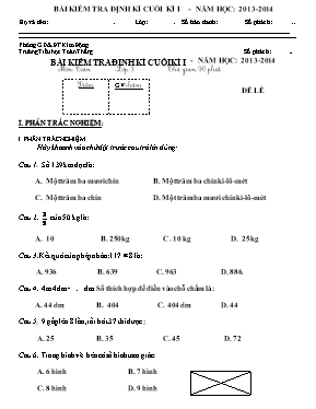 Đề kiểm tra định kỳ cuối học kỳ I môn Toán Lớp 3 - Năm học 2014-2015 - Trường Tiểu học Số 1 Trà Sơn (Có đáp án)